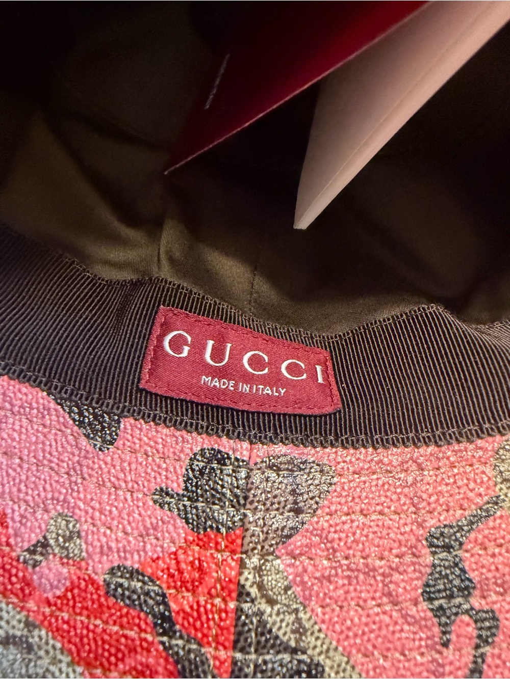New Authentic Gucci GG Supreme Logo Pink Camo Bucket Hat Tan Size XL - Picture 16 of 16